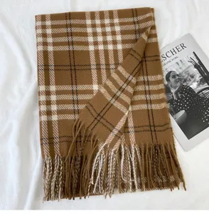 Classic plaid imitation cashmere scarf for women, warm winter shawl with fringe design.