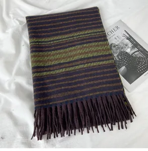 Women autumn winter striped tassel scarf warm imitation cashmere casual fashion neck warmer