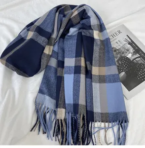 Classic blue plaid fringed scarf for women, cozy winter warm imitation cashmere wrap.