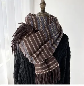 Detailed view of the cozy knitted winter scarf with stylish multi-color striped design.