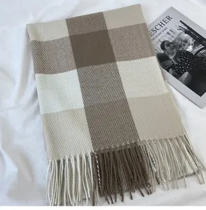 Cozy winter plaid scarf for women, thickened warm tassel shawl, stylish long couple neck warmer.