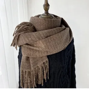 Cozy winter brown imitation cashmere knitted scarf for women, soft solid tassel shawl wrap.