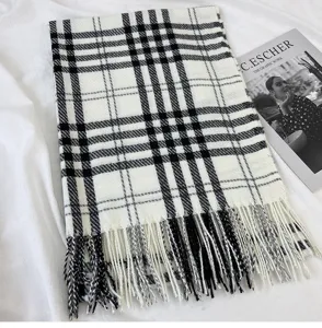 Classic black and white plaid scarf for women, warm winter cozy fashion shawl neck.