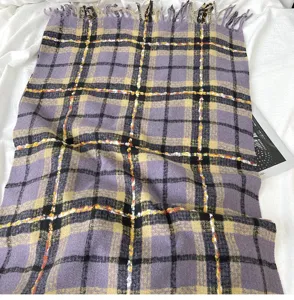 Winter thick imitation cashmere plaid scarf for women, cozy warm purple tassel shawl.