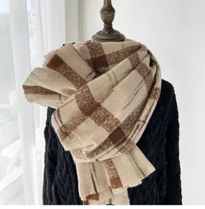 Cozy winter plaid scarf for women, thick warm long retro tassel shawl and versatile neck warmer.