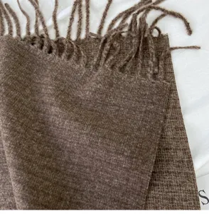 Brown imitation cashmere scarf with fringe, soft winter warm shawl for women daily wear.
