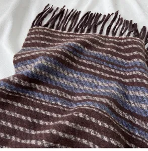 Close-up detail of cozy brown and blue striped autumn winter scarf with soft fringe texture.
