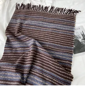 Women's autumn winter knitted tassel scarf, brown blue stripe retro warm neckerchief.