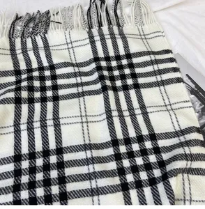 Classic black and white plaid scarf with fringe, soft winter warm tartan shawl accessory.