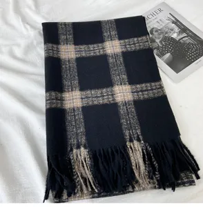Stylish classic black plaid tassel scarf for women, cozy winter warm long winter shawl.