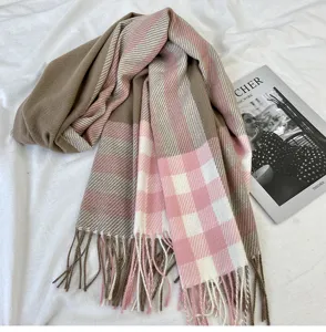 Winter warm cashmere-feel plaid fringed scarf for women, soft chic tartan wrap detail.