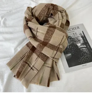 Cozy winter plaid scarf in beige and brown with green grid, soft thick warm long shawl.