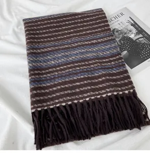 Cozy autumn and winter striped scarf with fringe, soft warm imitation cashmere shawl for women.