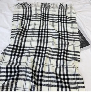 Classic black and white plaid scarf for women and men, warm fringe winter shawl.