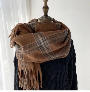 Cozy brown plaid winter scarf with fringe, warm long tartan shawl for women and daily wear