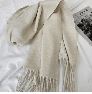 Beige winter tassel scarf for women, soft imitation cashmere shawl, cozy warm winter wrap.