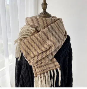 Autumn winter thick imitation cashmere tassel scarf, women warm striped neck wrap shawl.