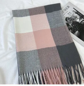 Cozy plaid scarf with tassels, thick warm winter shawl for women, stylish casual neck wrap.
