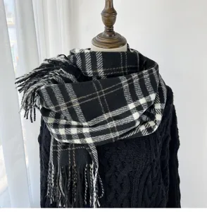 Classic black and white plaid scarf for women, cozy cashmere-feel winter warm tassel shawl.