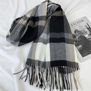 Women classic plaid scarf autumn and winter cashmere feel fringe warm thick shawl