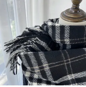 Black and white plaid scarf for women, classic winter cashmere feel tassel shawl.