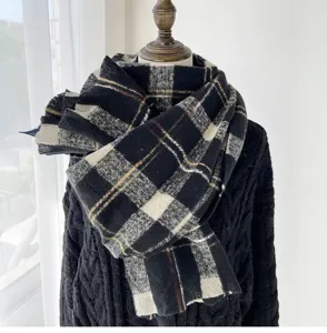 2025 winter thick plaid scarf for women, retro black and white grid shawl warm neck warmer.