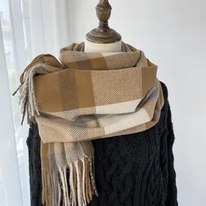 Classic plaid winter cashmere feel stylish tassel scarf, cozy warm neck wrap for women.