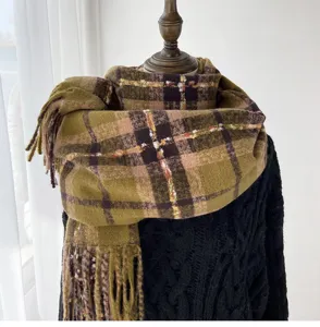 Cozy autumn winter plaid scarf for women, thick warm imitation cashmere shawl neck warmer.