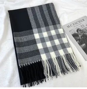 Fall winter women warm imitation cashmere scarf classic black grey plaid tassel shawl wrap