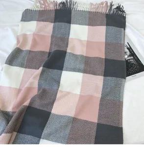 Cozy winter pink and grey plaid scarf with elegant tassels, perfect soft warm shawl for women.