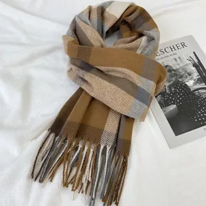 Cozy winter plaid fringe scarf for women, soft warm cashmere feel neck warmer, brown chic.