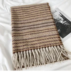 Cozy brown striped winter scarf detail, soft imitation cashmere fringe shawl for women.
