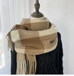 Cozy brown beige plaid winter scarf with classic tassel design for women and men daily wear.