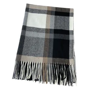 Classic plaid winter scarf with fringe, soft warm cashmere feel neck wrap for women.