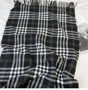 Classic black and white plaid scarf with fringe design, cozy soft winter warm shawl.