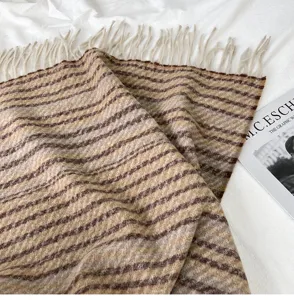 Cozy brown striped fringe scarf detail view, soft imitation cashmere material for autumn and winter warmth.