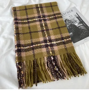 Autumn winter women thick warm plaid scarf tassel cashmere fashion neck wrap shawl