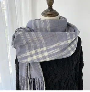 Grey plaid cashmere-feel winter scarf for women, classic British style warm cozy shawl.
