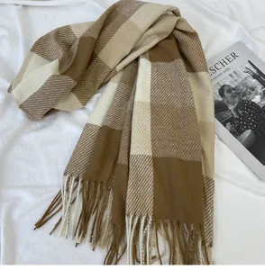 Cozy winter plaid scarf with fringe, thick warm long shawl for women and casual daily wear.