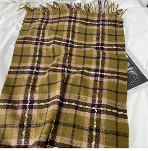 Green plaid imitation cashmere scarf detail, thick warm winter shawl with fringe trim.
