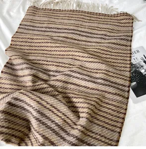 Brown striped winter scarf with fringe soft warm knitted cozy shawl for daily wear