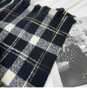 Winter classic black and white plaid scarf for women, warm thick long tassel shawl and wrap.