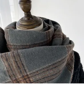 Thickened dark grey brown plaid winter scarf, warm woolen tassel shawl for women and students.