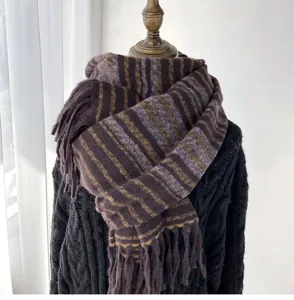 Close-up view of the striped knit winter scarf with stylish fringe details and warm texture.