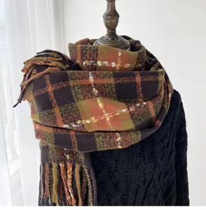 Cozy autumn winter plaid scarf for women, thick cashmere-feel tassel wrap warm shawl.