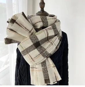 Detailed view of the winter thick plaid scarf, classic retro pattern, warm shawl accessory.