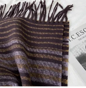 Autumn winter striped imitation cashmere scarf with chic fringe detail fashion warm neck wrap