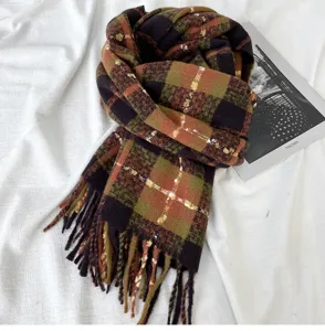 Autumn winter thick warm plaid scarf for women, soft imitation cashmere tassel shawl wrap style.
