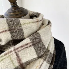 Cozy winter plaid scarf detail, soft warm texture, elegant vintage design for women cold days.