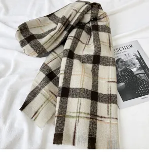 Cozy plaid winter scarf for women, thick warm long tassel shawl vintage neck warmer chic